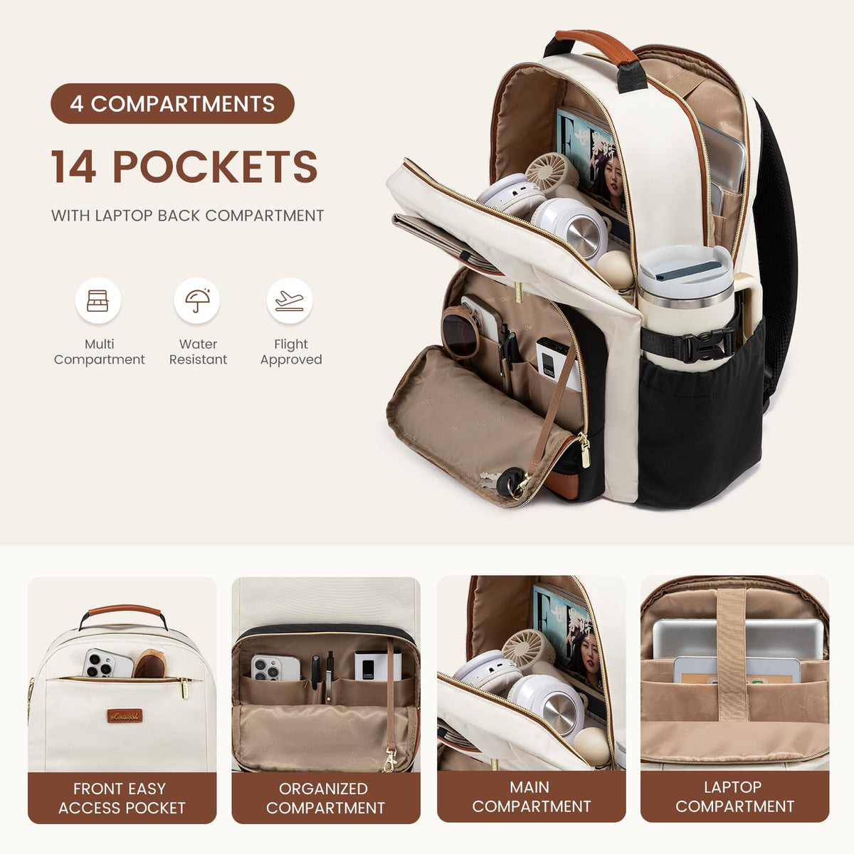 LOVEVOOK Laptop Backpack for Women with Pouch Pocket for Large Capacity Cup,15.6 Inch Laptop Computer Bag Travel Backpack Purse,Waterproof Work Business Backpack College Teacher Bags,Beige-Black-Brown