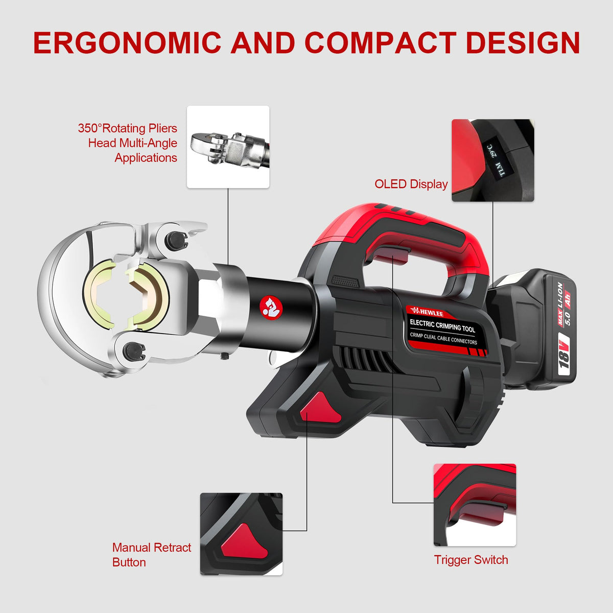 HHEWLEE Electric Wire Cable Crimper Battery Powered Hydraulic Crimping Tool Range 8AWG to 600MCM with 12 Dies, Electricians for Circuit Repairs and Stainless Steel Deck Upgrades (HL-300K)