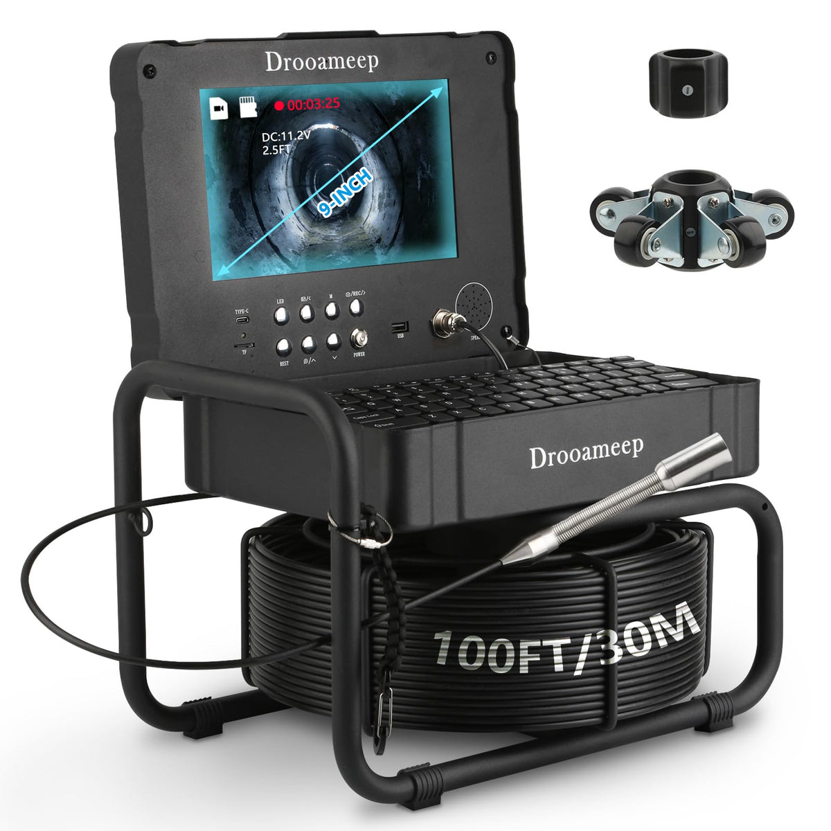 Drooameep Sewer Camera 100ft, Self Leveling Drain Camera, Plumbing Camera with 512Hz Sonde, Video & Voice Recorder, 3X Zoom, 9" Screen, 10000mAh, IP68, 32GB, 8 LED, for Drain Sewer Duct Plumbing