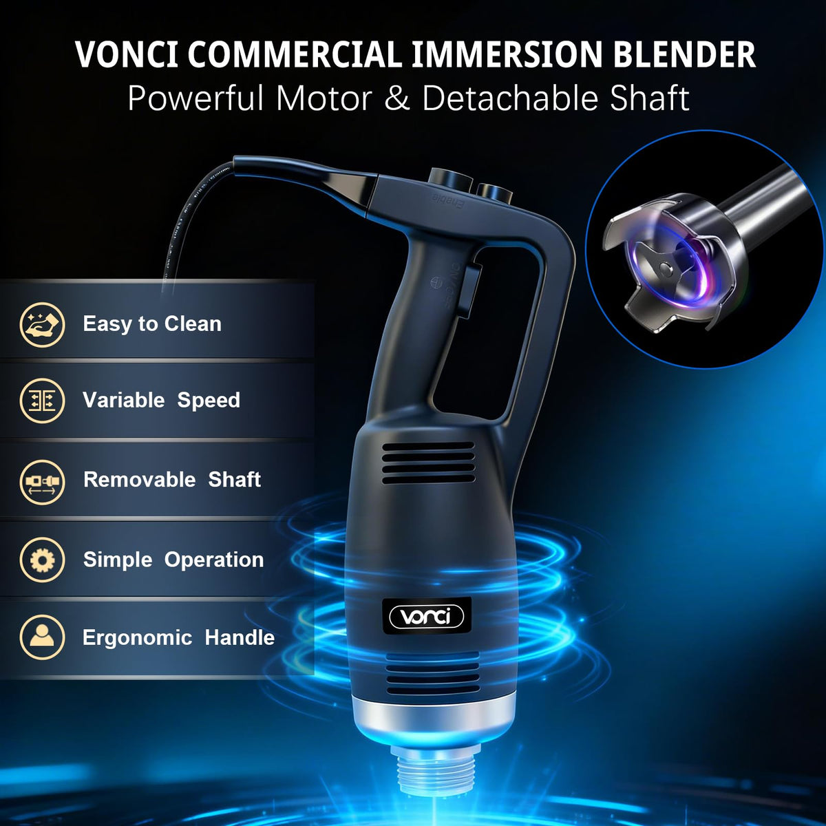 VONCI 750W Commercial Immersion Blender, Extra Heavy Duty Hand Blender with Variable Speed 8000-19000RPM, Handheld Stick Mixer with 22" SUS 304 Shaft, Commercial Emulsifier for Restaurant Kitchen.