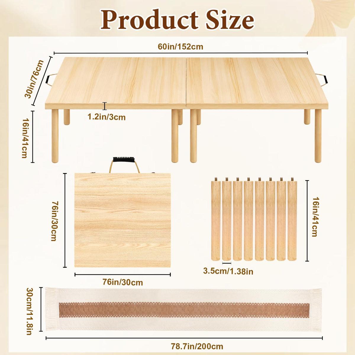 MLLNFUE Folding Wooden Picnic Table with Runner, 60"x30" Boho Portable Low Table for Floor Seating, Indoor Outdoor Picnic Table for Camping, Beach, Backyard, BBQ & Party (Seats 6)