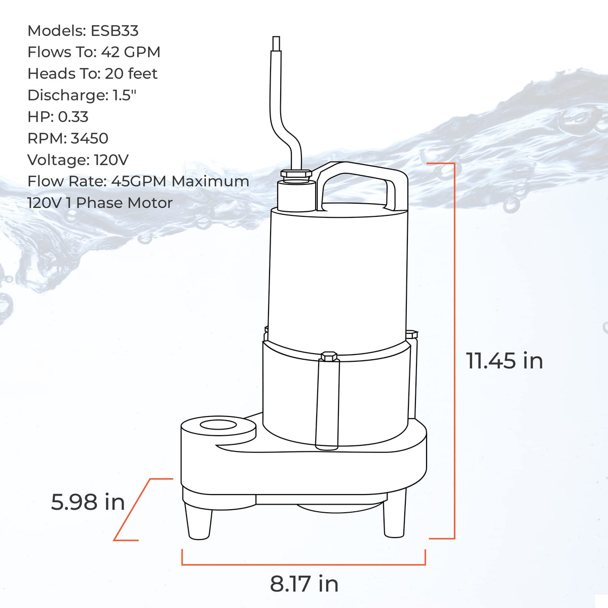 Barnes 130234A Model ESB33 Expel Submersible Sump Pump - High-Efficiency for Residential Use, Cast Iron Vortex Impeller, 1/3 HP, 45GPM, Integral Float Switch, 9-Foot Waterproof Cord, Black