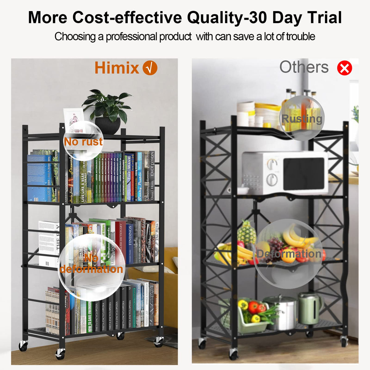 Himix Storage Shelves with Hooks, Foldable Metal Shelving Unit on Wheels, No Assembly Collapsible Shelves for Storage, Holds 264 Ibs Storage Rack for Kitchen Garage Pantry Room Organization
