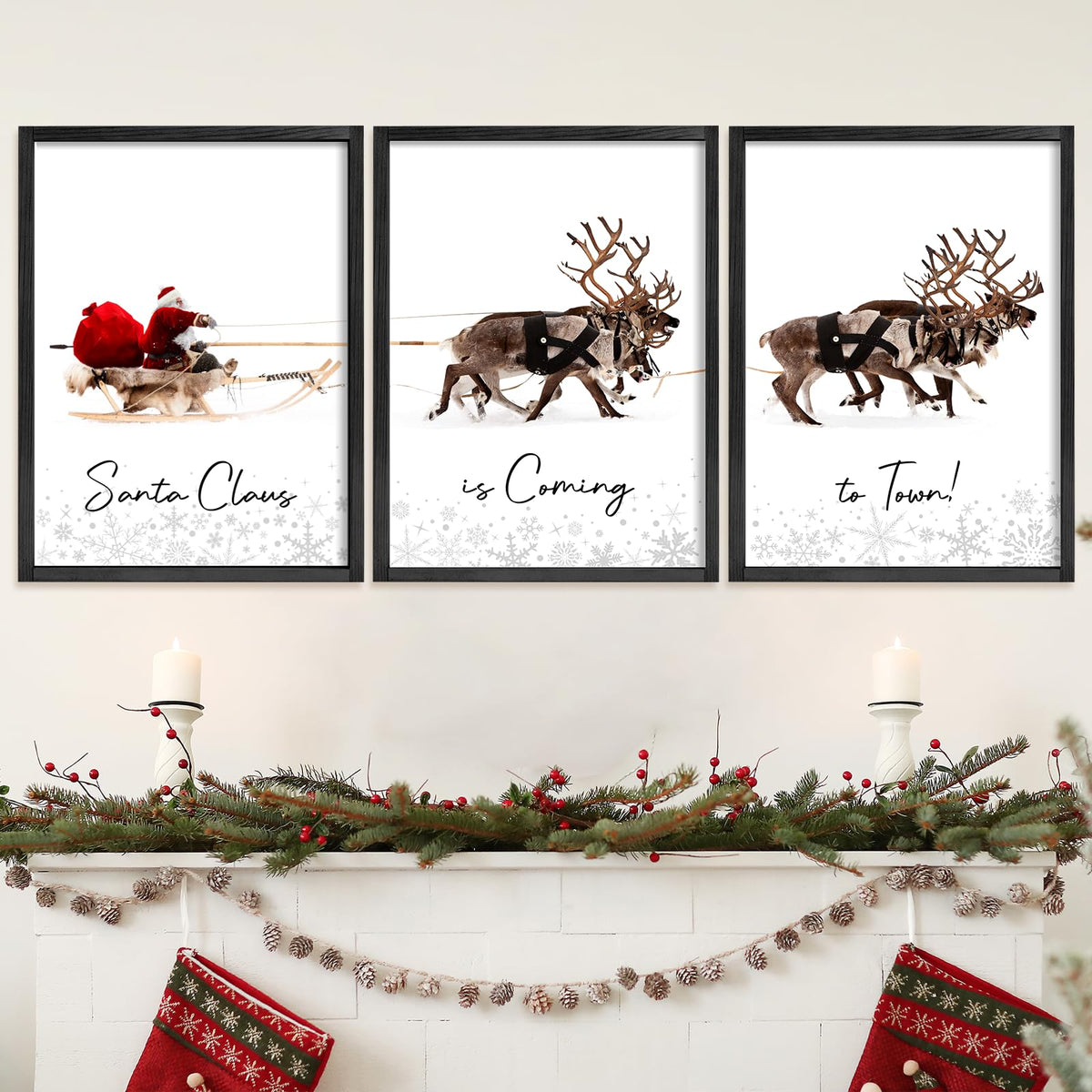 LITIVY Christmas Wall Art Prints - Set of 3 Santa Claus with Sleigh Deer for Home Decor - Xmas Sign - 12x16in - Black