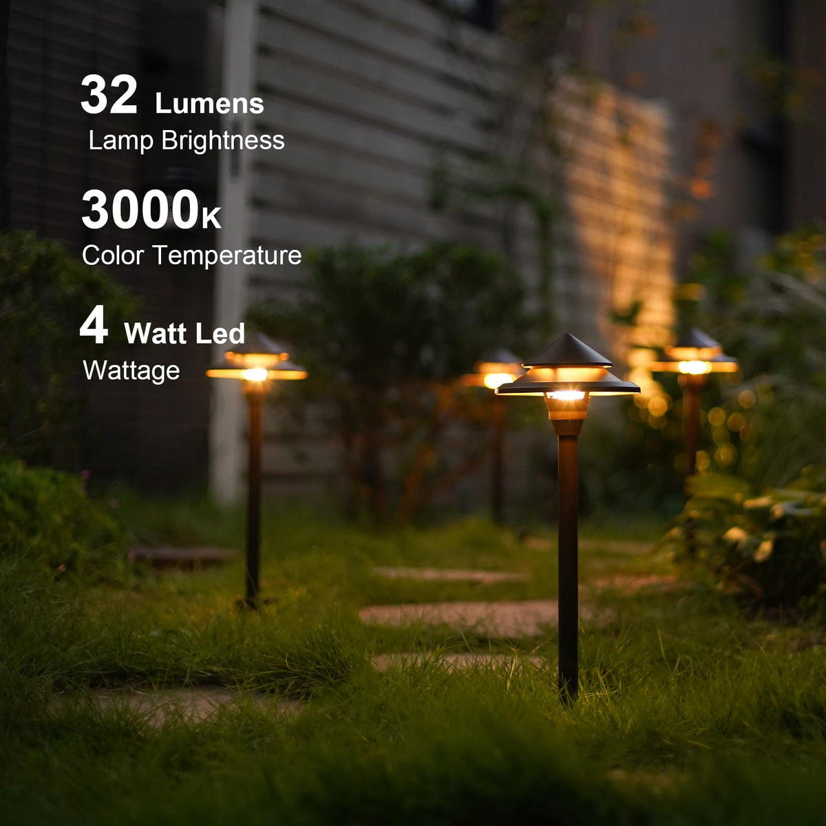 GOODSMANN Low Voltage Landscape Lighting 4PK LED Path Lights Oil Rubbed Bronze 4W 32 Lumen Hardwired 2 Tier Pagoda Landscape Pathway Lights 3000K Warm White Metal Stakes Cable Connectors