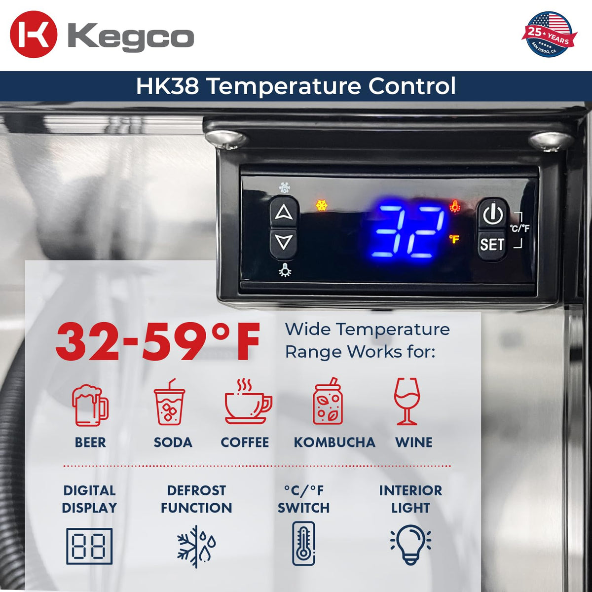 Kegco Kegerator 24" Wide Dual Tap Black/Stainless Steel Commercial Beer Dispenser HK38BSC-L-2