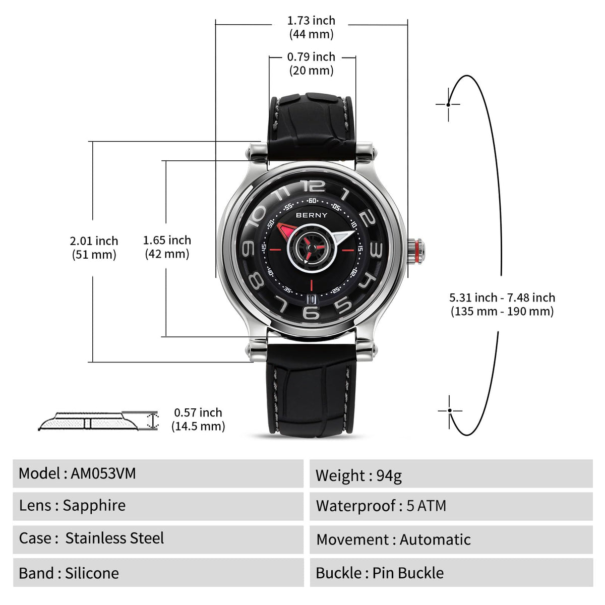 BERNY Mechanical Watch for Men Automatic Movement Miyota 8215 Multifunction Calendar Luminous Hands Exhibition Back Cover 5ATM Waterproof