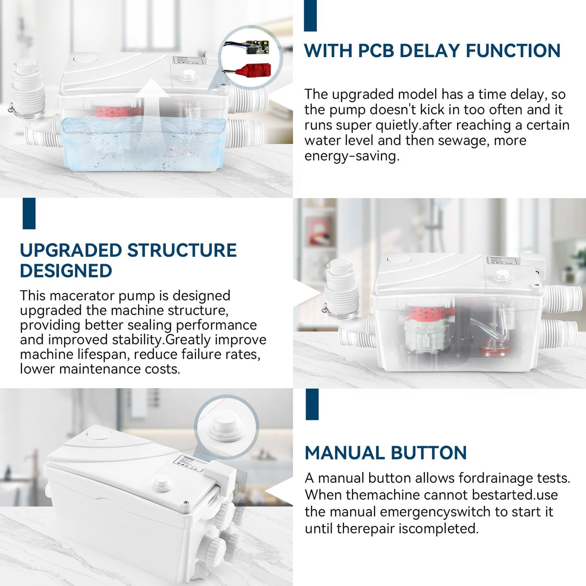 500W Utility Sink Pump with PCB Function Upgrade Structure Upflush to 23FT 1600GPH Under Sink Pump with 3 Water Inlets 1 Outlet Macerating Toilet System for Sink Shower Urinal Kitchen Basement
