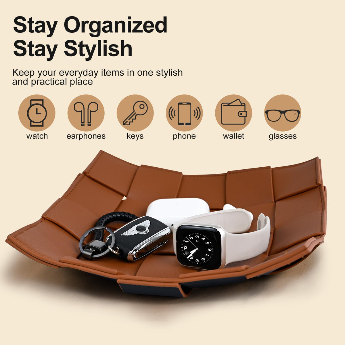 Valet Tray PU Leather Key Holder Bowl for Men Entryway Table Nightstand Desk Tray for Wallet, Keys Men's Gift - Brown & Black, 9.8" L x 9.8" W x 2" H