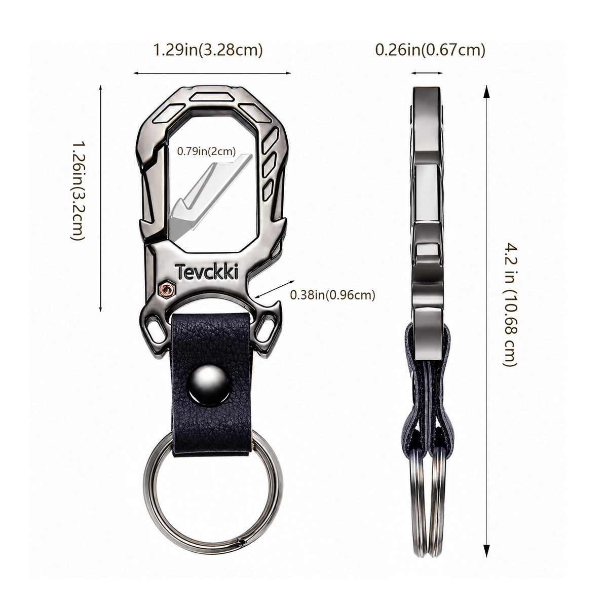 Tevckki Tactical leather keychains Carabiner Car Key Chains Bottle opener .Metal Clip Keychain with Anti-Lost 2 Key Rings Universal for men and women.(Black)