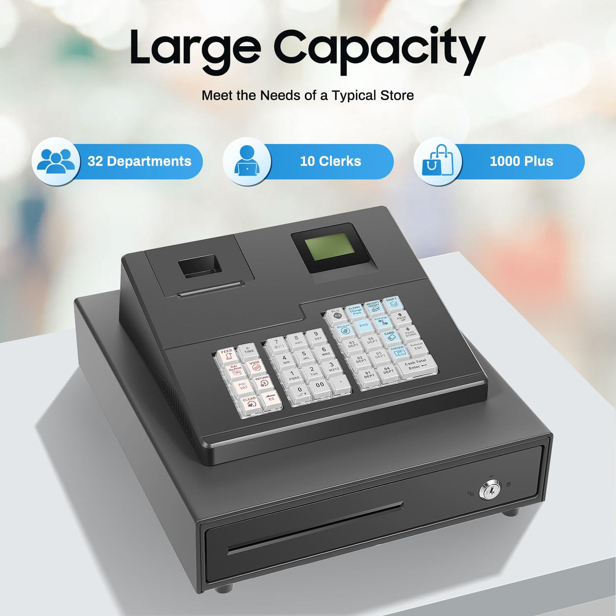 Cash Register for Small Businesses, 39 Keys Cash Management System with Drawer Box & 8-Character LED, Electronic Cash Register for Retail, Restaurant, Supermarket
