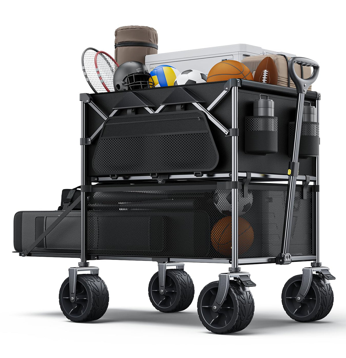 Everyfun 480Lbs Foldable Double Decker Wagon Cart,Beach Carts with Large Wheels&Side Storage Pocket&Dustbag,Large Capacity Folding Wagon for Shopping,Garden,Camping,Fish,Sports-Black