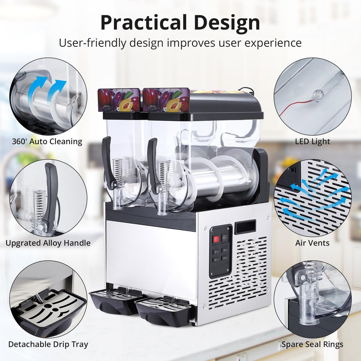 GarveeHome Commercial Slushy Machine, Stainless Steel Margarita Smoothie Frozen Drink Maker, Self-Cleaning, 700W, Perfect for Homes, Coffee Shops,Restaurants,Black,15 L*2