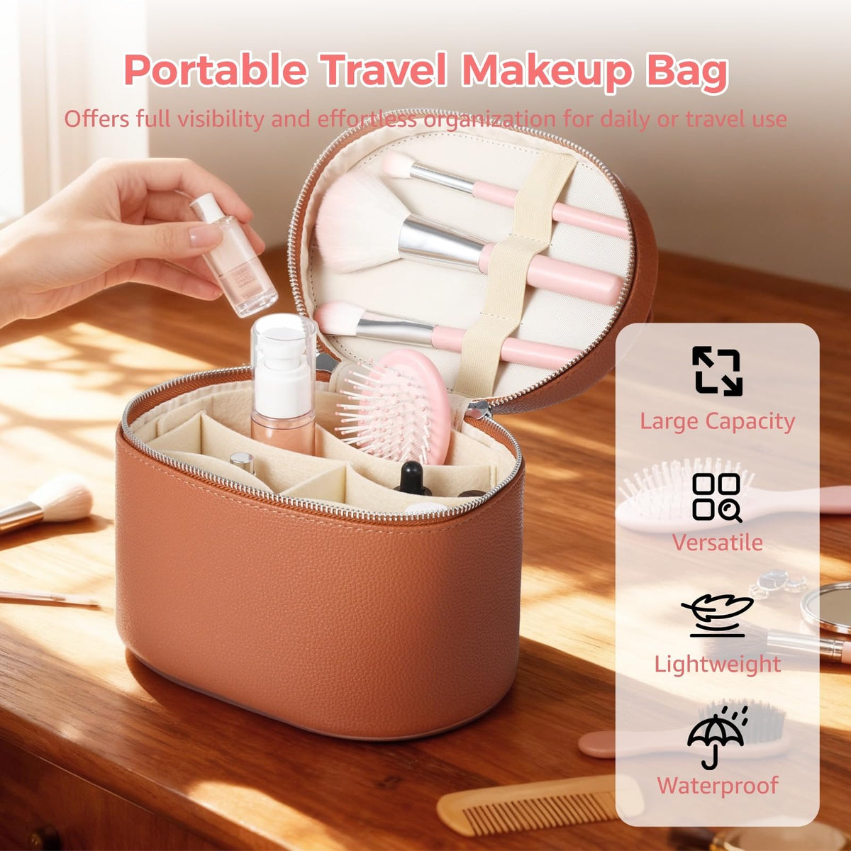 Makeup Vanity Bag for Women - Large Capacity Cosmetic Organizer with Removable Liner, Waterproof PU Leather Skincare Bag, Portable Chic Cosmetic Make Up Case for Skincare, Brushes, Accessories, Brown