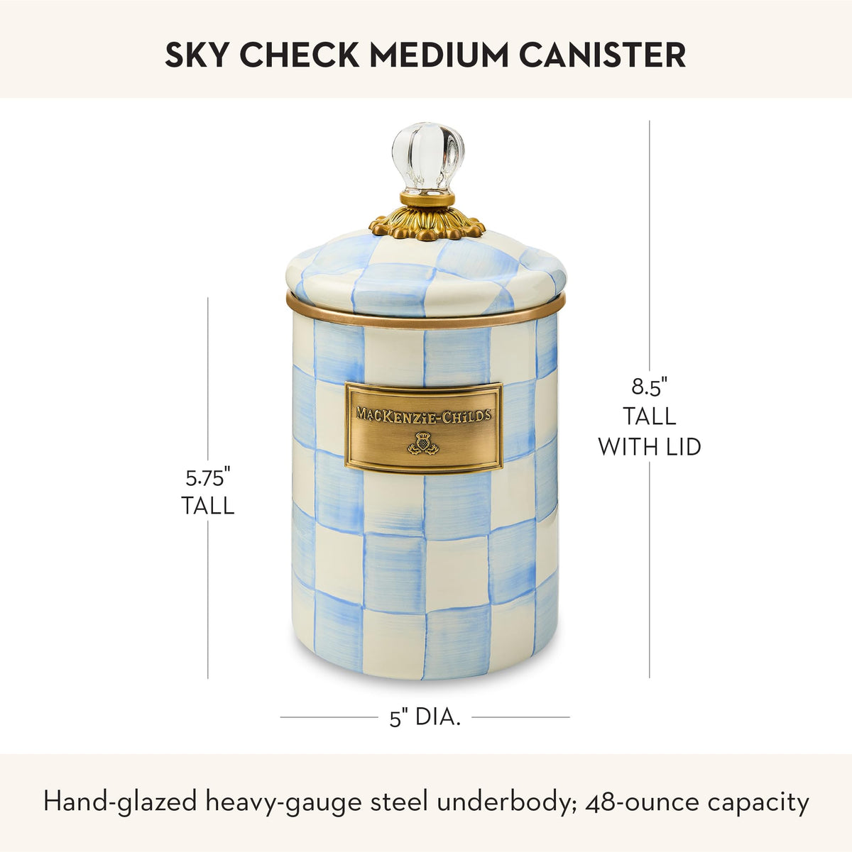 MACKENZIE-CHILDS Enamel Canister, Kitchen Storage Container with Lid, Medium, 48-Ounce Capacity, Light-Blue-and-White Sky Check