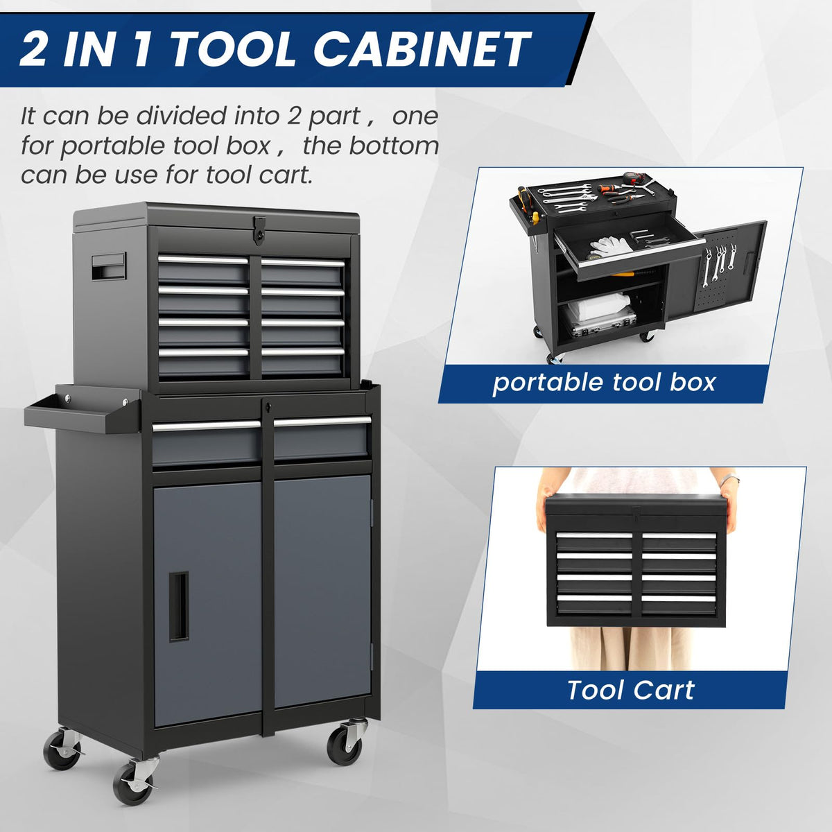 ERGOMASTER 5-Drawer Rolling Tool Cabinet with Detachable Top Toolbox, Lockable Wheels, Lock Bar, Protective Liner & Tool Rack, Metal Tool Storage Cart for Garage Workshop-Grey