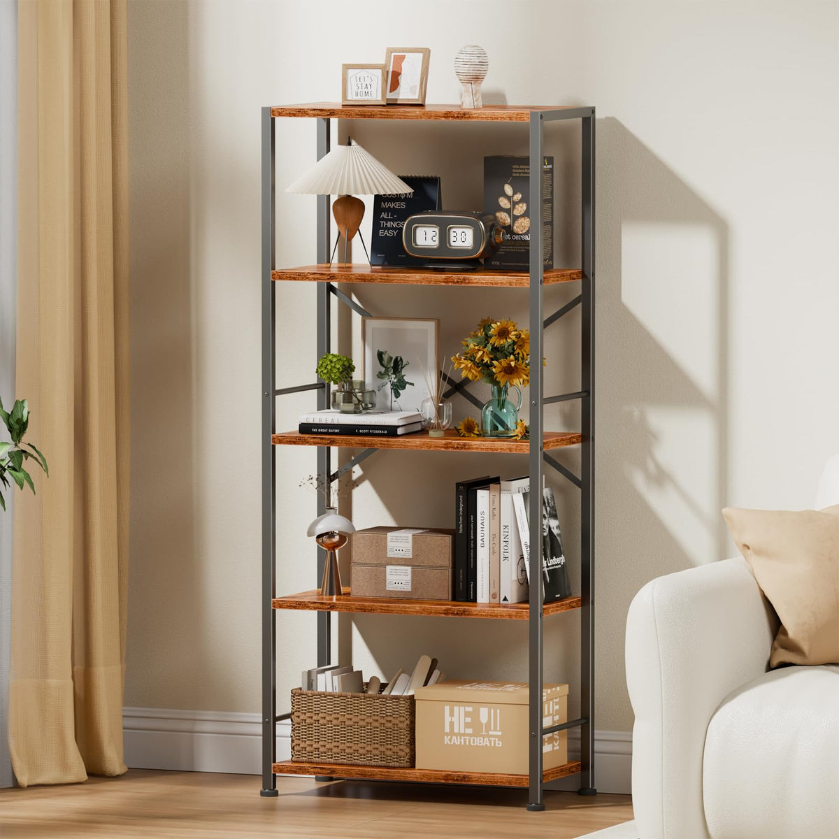 Furologee 5 Tier Book Shelf Set of 2, Tall Wide Bookshelf, Industrial Open Bookcase, Display Shelves Storage Organizer, Shelving Unit for Living Room, Home Office, Bedroom, Rustic Brown