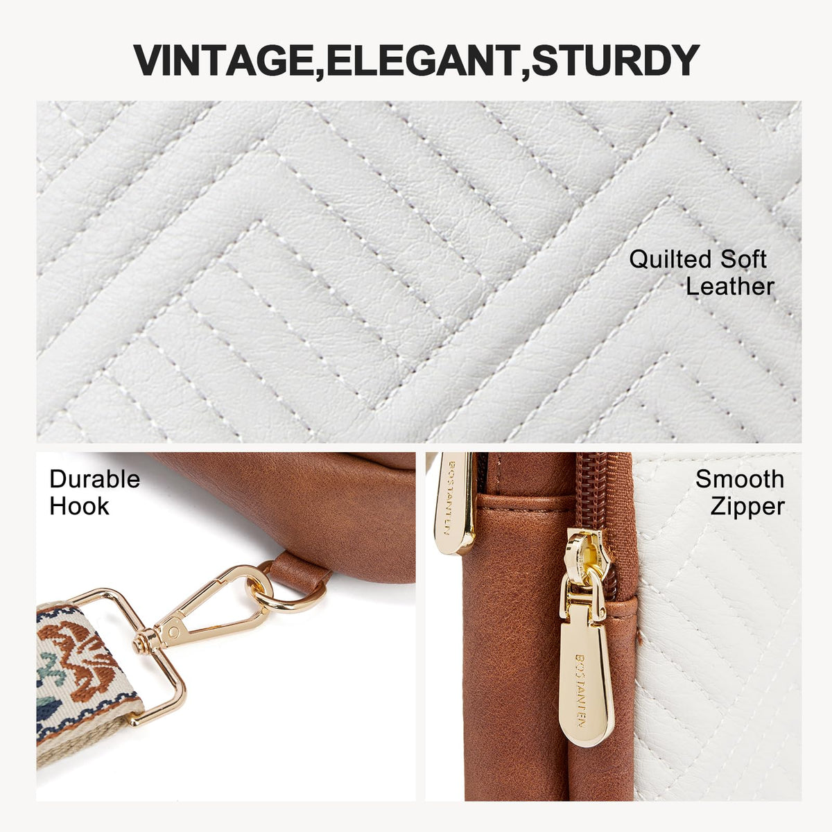 BOSTANTEN Sling Bag Quilted Crossbody Bags for Women Cross Body Purse Leather Fanny Pack with Adjustable Guitar Strap