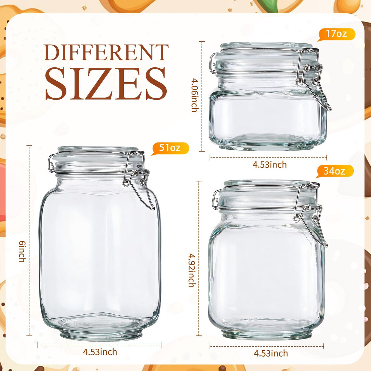 Maxdot 24 Pack Glass Mason Jar with Lid, 17oz 34oz 51oz 3 Size Airtight Food Storage Jar Set Square Food Storage Container for Kitchen Flour Grain Sugar Bean Canning Oat Coffee Pasta Snack Nut