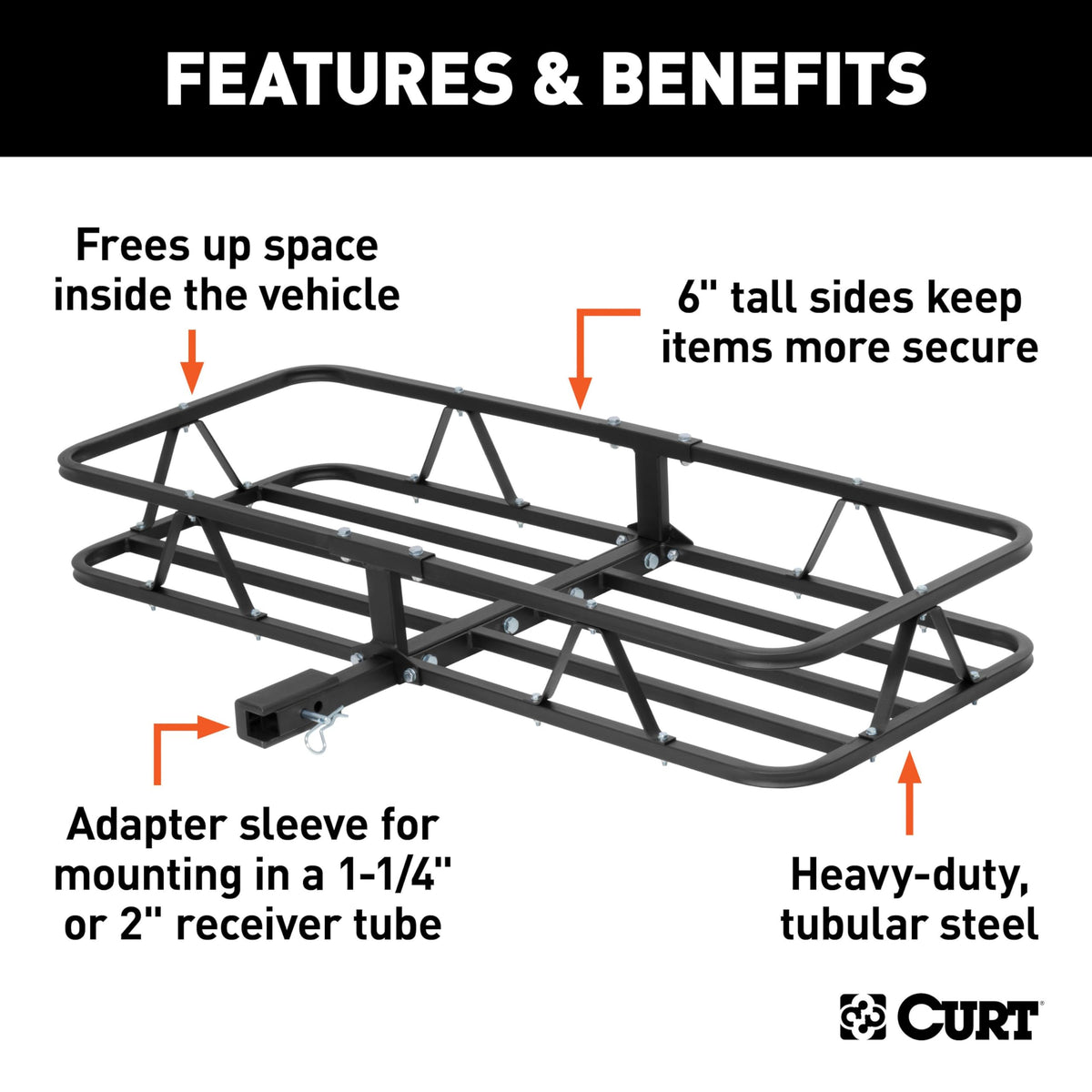 CURT 18145 Cargo Basket Hitch Trailer Hitch Cargo Carrier, 500 lbs. Capacity, 46-1/2-Inch x 17-1/2-Inch x 5-1/2-Inch, Fits 1-1/4 or 2-Inch Receiver