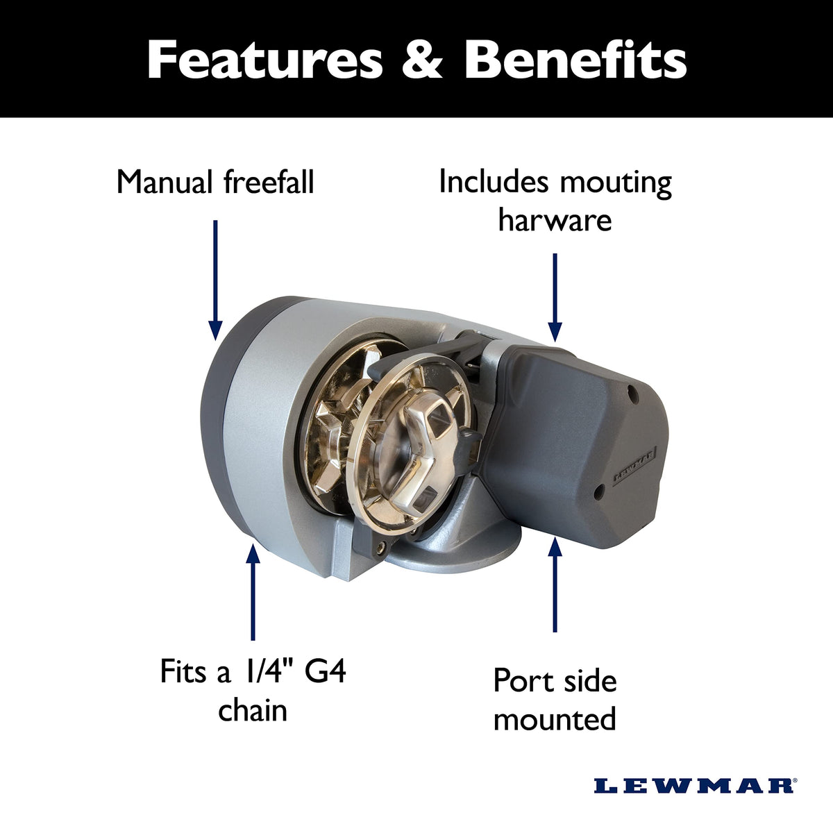 Lewmar Pro Sport 550 12V Windlass for 1/4" G4 Chain, Manual Freefall, Maximum pull 550 lbs., Port Side Mounted Gypsy, for Boats 20'-30' - 2020201167