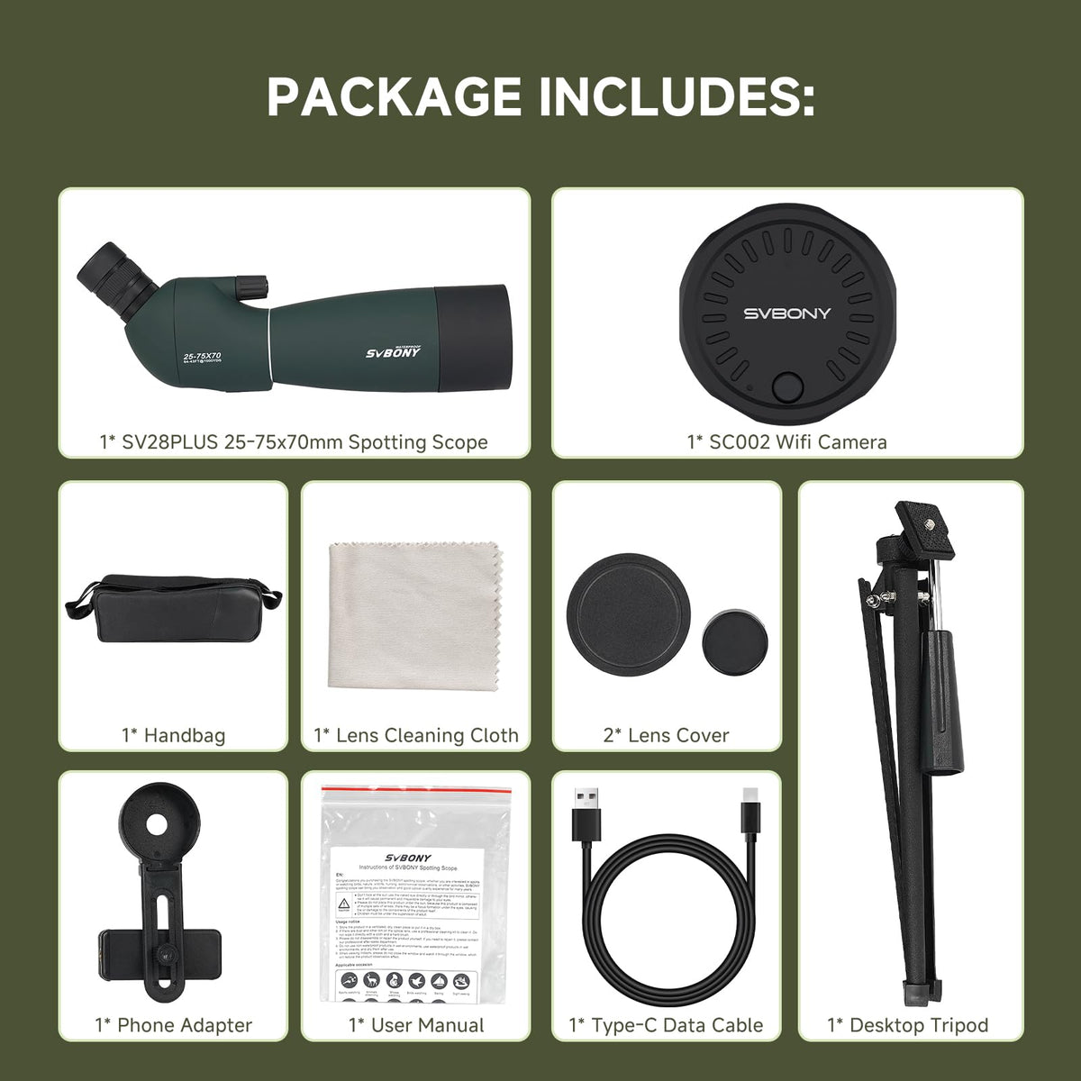 SVBONY SV28 Plus Spotting Scope with Tripod & Phone Adapter & SC002 WiFi Camera for Digiscoping, Waterproof & Fofproof, 25-75x70mm Long Range Spotter Scope for Target Shooting, Bird Watching