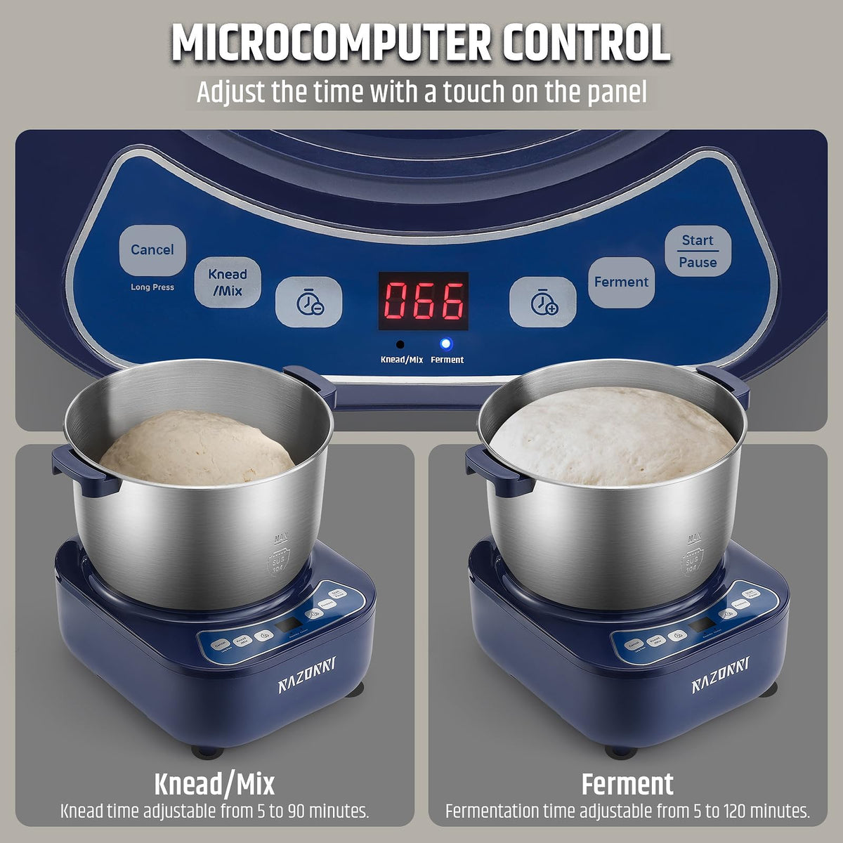 Razorri Electric Dough Maker, 5L 4.5QT Household Dough Mixer with Ferment Function, Microcomputer Timer, Stuffing Blade & Stainless Steel Bowl for Bread, Pizza, Noodles, Dumplings