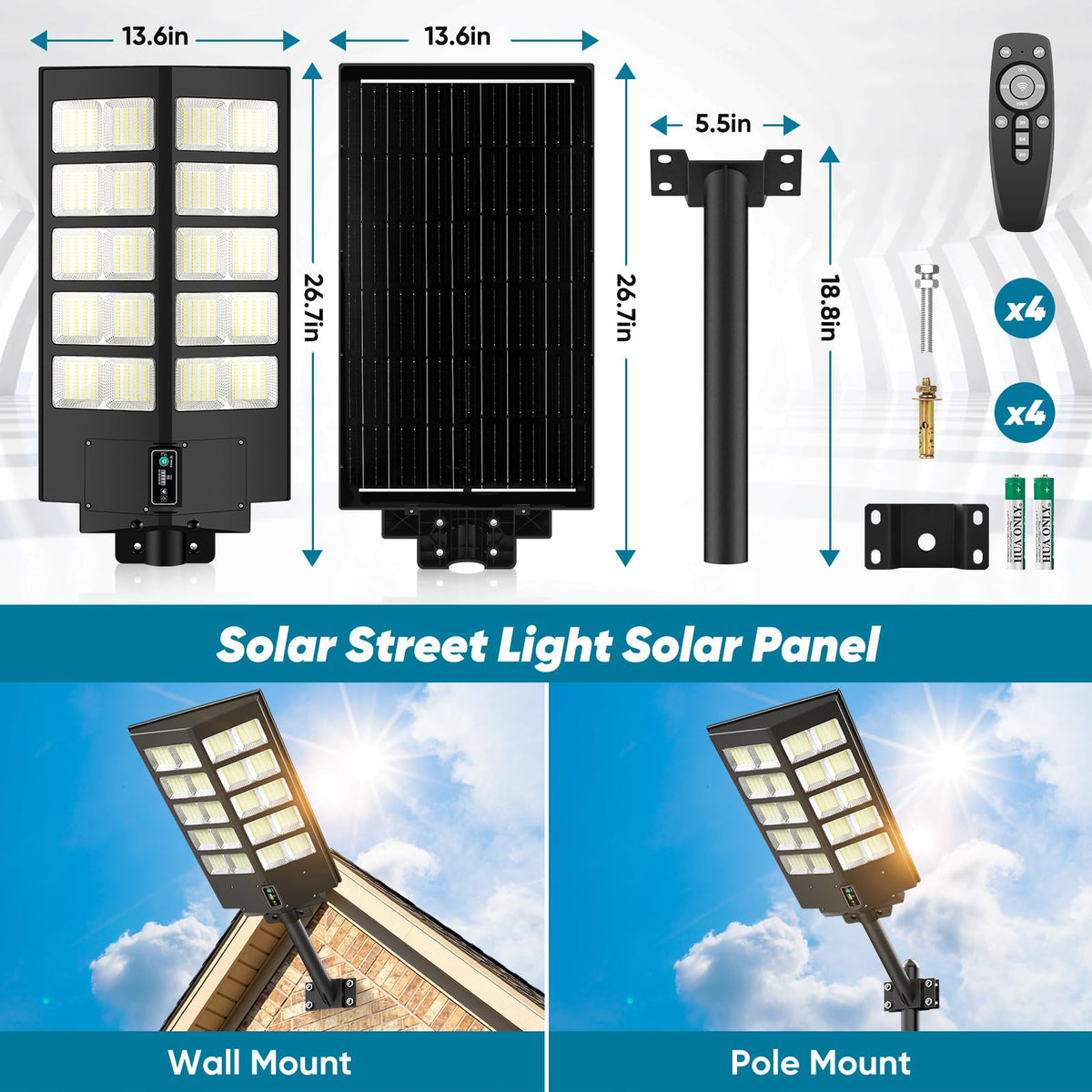 2 Pack 26" Large Solar Street Lights Outdoor Waterproof - 9000W 120000LM Solar Powered Parking Lot Light Dusk to Dawn,Motion Sensor Commercial LED Solar Flood Lights Remote Control