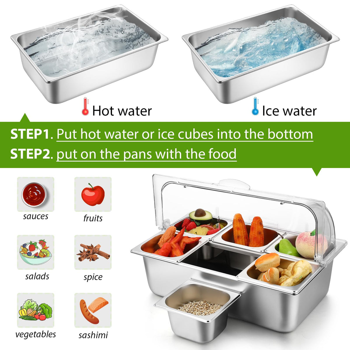 Ziliny Countertop Food Serving Display Container Clear Roll Top Cover 6 Pan Stainless Steel Ice Food Buffet Server Salad Bar Pizza Topping Station Condiment Dispenser Restaurant Kitchen Party(Silver)