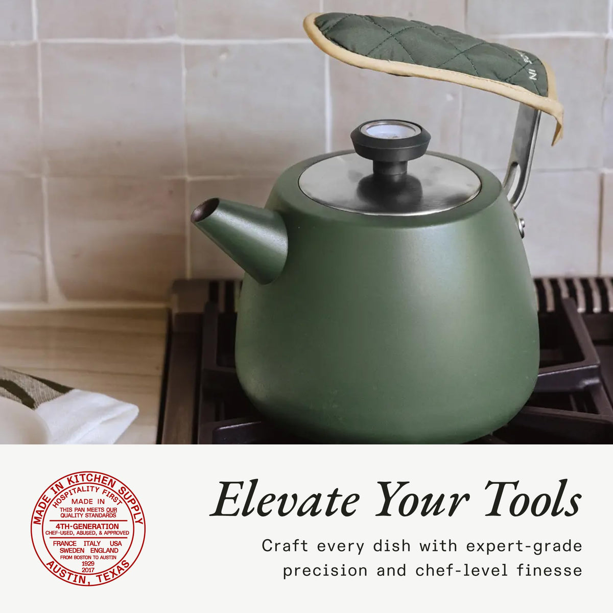 Made In Cookware - 2 QT Kettle - Willow Green - Stainless Steel - With Built-In Temperature Gauge - Includes Handle Sleeve - Induction Compatible