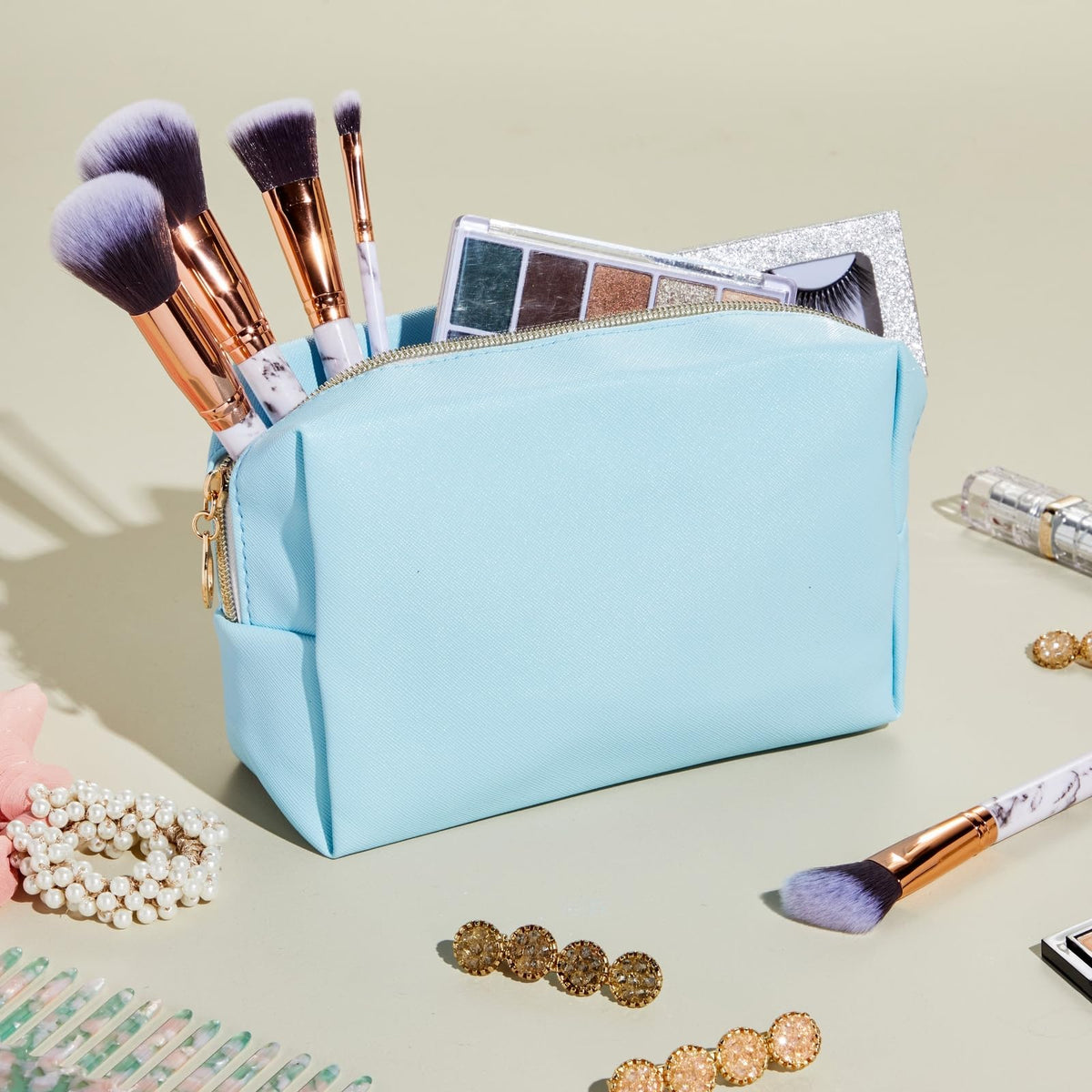 Glamlily 3 Pack Faux Leather Makeup Bag with Zipper, Travel Cosmetic Pouches (3 Pastel Colors)