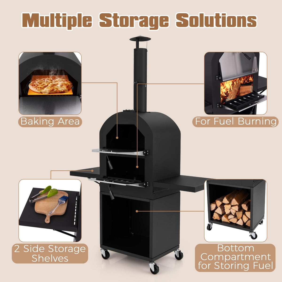 LDAILY Outdoor Pizza Oven, Wood Fired Pizza Maker with Side Shelves, Cooking Grids, Cover, Pizza Stone & Peel, Patio Portable Pizza Stove for Backyard, Camping & Party, Black