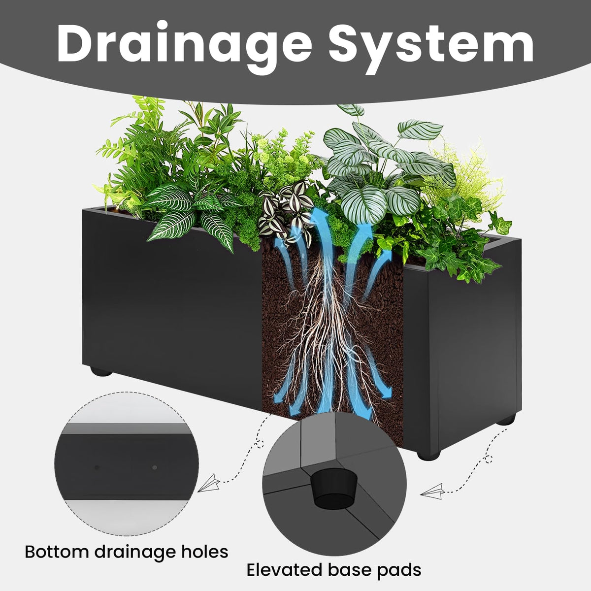 AILOOCEDI Thickened Metal Planter Box, Heavy-Duty Outdoor/Indoor Rectangular Trough Garden Bed Drainage Holes & Raised Bottom for Patio Porch Yard Lawn 36" L x 15" W x 15" H