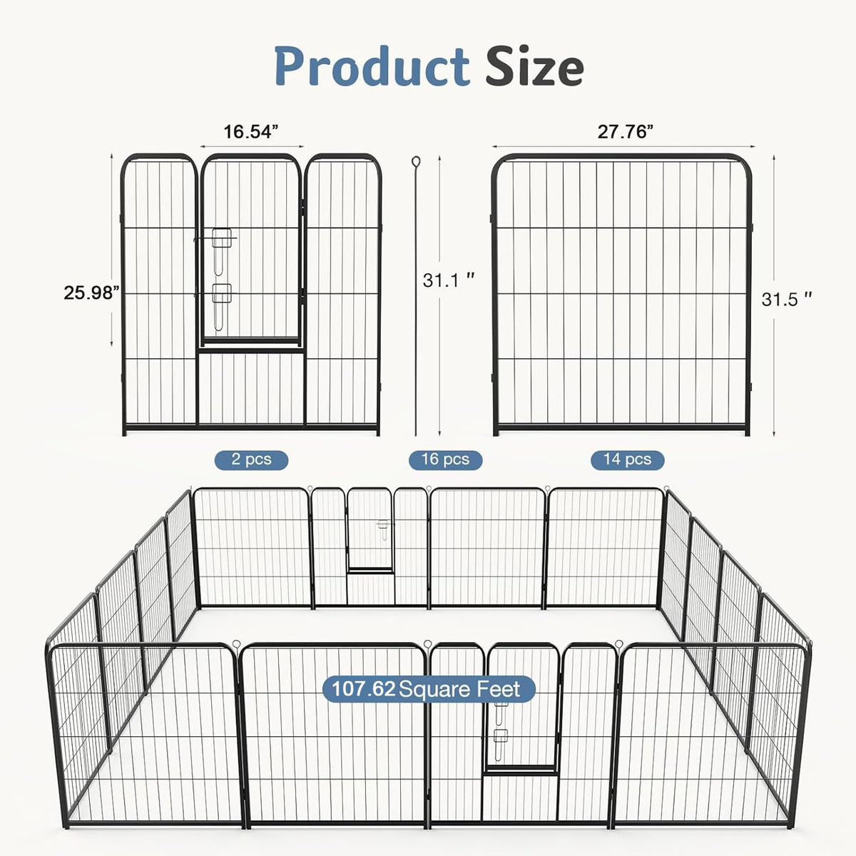 DUMOS Dog Playpen Indoor, Metal 32 Inch 16 Panels Foldable Pet Fence with Door, Outdoor Small Medium Large Dog Puppy Portable Exercise Play Pen for RV Camping, Trips, Play Yard