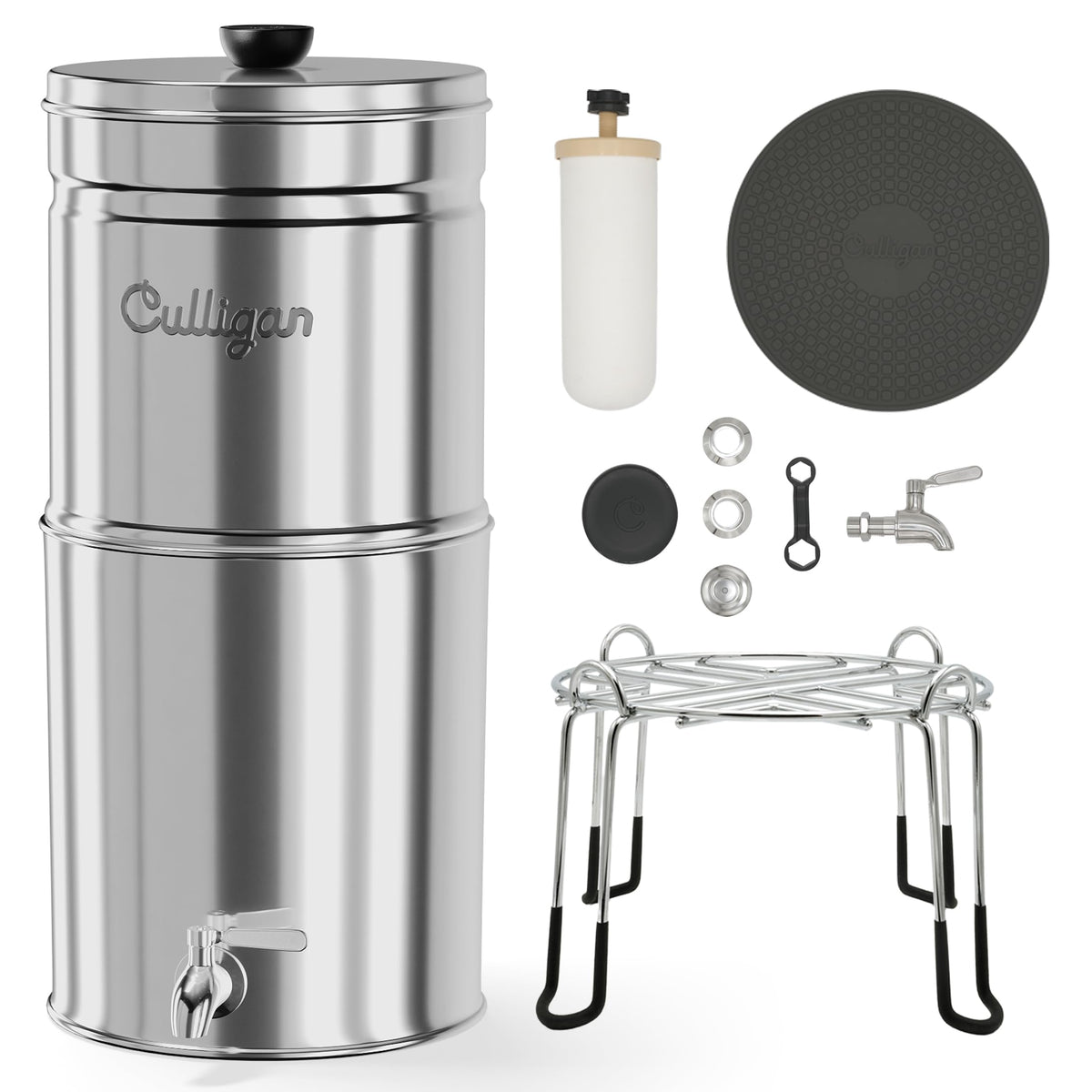 Culligan MaxClear 3 Gallon Gravity Water Filter System, Polished Stainless-Steel Countertop Water Filter NSF/ANSI Certified to Reduce Microplastics, Lead & Total PFAS, with 1 Ceramic Filter