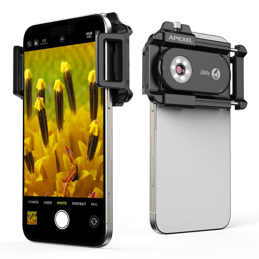APEXEL 300X Phone Microscope Lens, Phone Camera Micro Lens with Universal Clip/LED Light/CPL, Mini Pocket Microscope, Phone Lens Attachment Fit for iPhone 17/16/15/14/13, Samsung, and Most Smartphone