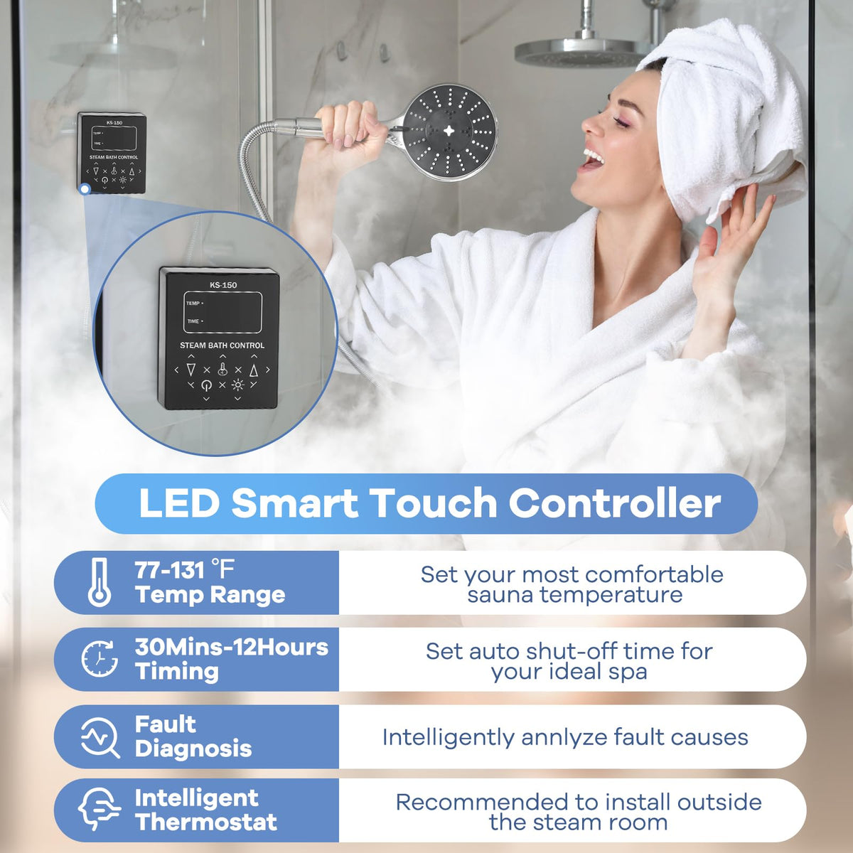 Kooby 12KW Luxury Self-draining Steam Generator Shower Sauna Bath Home Steam Bath Spa Generator with Waterproof Control and Auto Drain 95-131℉ for Max Space Heating 13 m³ (460 ft3)