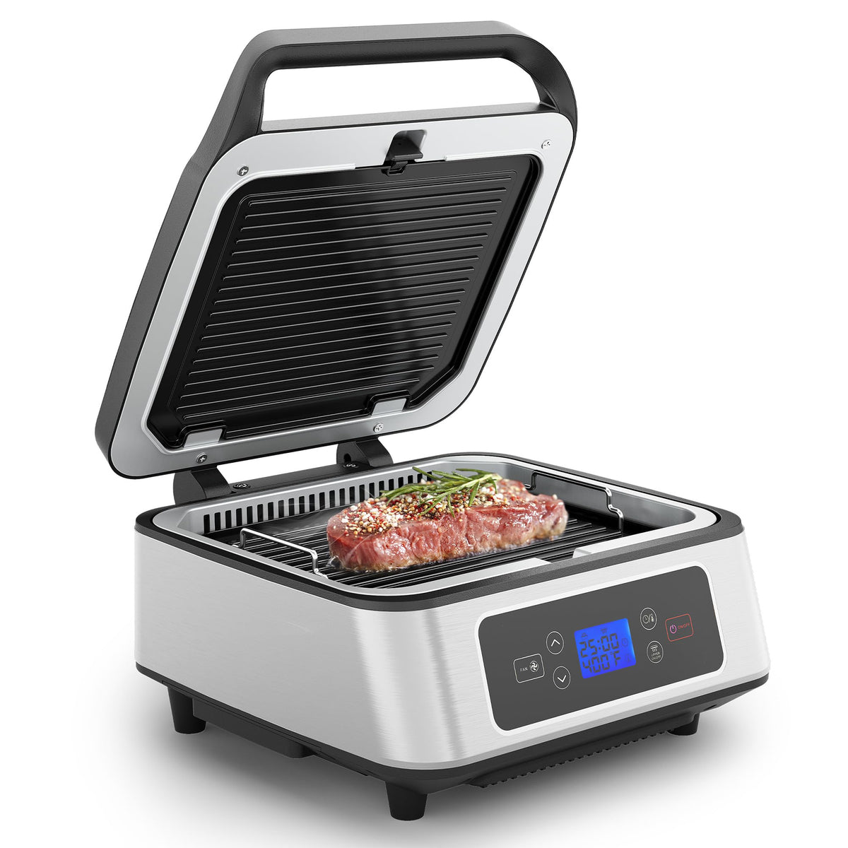 SUNVIVIPRO Electric Panini Press Sandwich Maker, 1300W Smokeless Indoor Grill with Removable Non-Stick Plates, Auto-Lift, Fan, Independent Upper Heating, Smart Time & Temperature Control, Silver