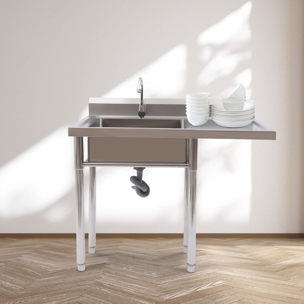 Free Standing Single Bowl Sink,Commercial Restaurant Kitchen Sink Set w/Faucet&Drainboard,1 Compartment Utility Washing Hand Basin w/Workbench&Storage Shelves for Indoor Outdoor (One Bowl)
