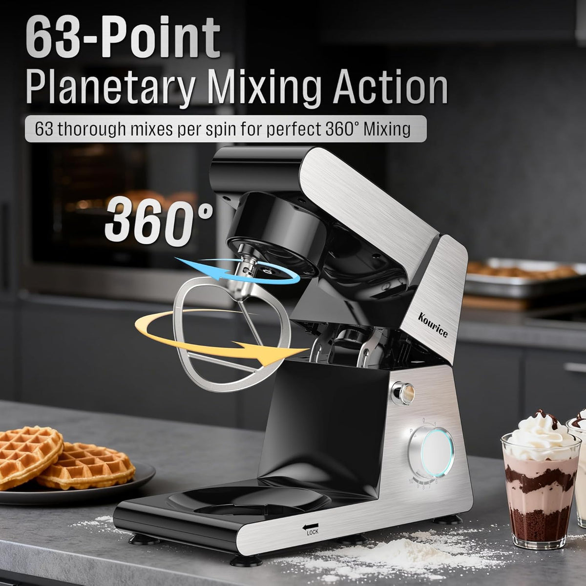 Kourice 6.5QT Tilt-Head Stand Mixer, Heavy Duty Pro 10-Speed Electric Mixer, Stainless Steel Cladding & Bowl with Dough Hook, Wire Whisk and Flat Beater for Home Baking, Bread, Cake, Pizza Dough