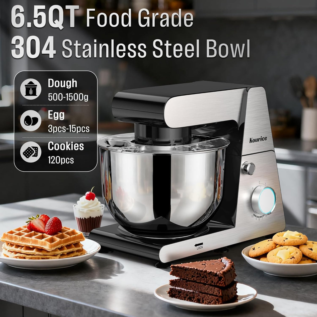 Kourice 6.5QT Tilt-Head Stand Mixer, Heavy Duty Pro 10-Speed Electric Mixer, Stainless Steel Cladding & Bowl with Dough Hook, Wire Whisk and Flat Beater for Home Baking, Bread, Cake, Pizza Dough