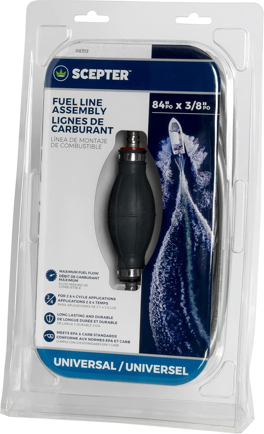 Bundle of Scepter 12 Gallon Portable Marine Gas Can, Large Capacity Boa Fuel Tank + Scepter 08312 Marine Outboard Boat Motor Fuel Line Assembly Hose Kit, 3/8 Inch Inner Diameter, Universal