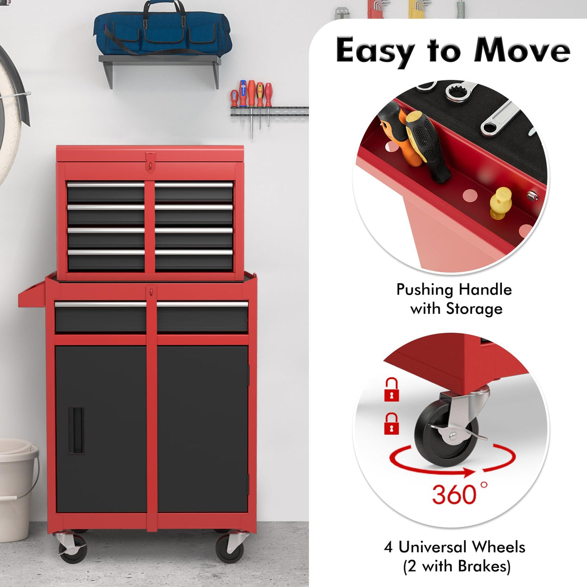 Goplus Rolling Tool Chest, 5-Drawer Tool Box Organizer w/Lockable Wheels & Sliding Drawers & Detachable Top & Adjustable Shelf, Tool Storage Cabinet for Garage Workshop (Red+Black)