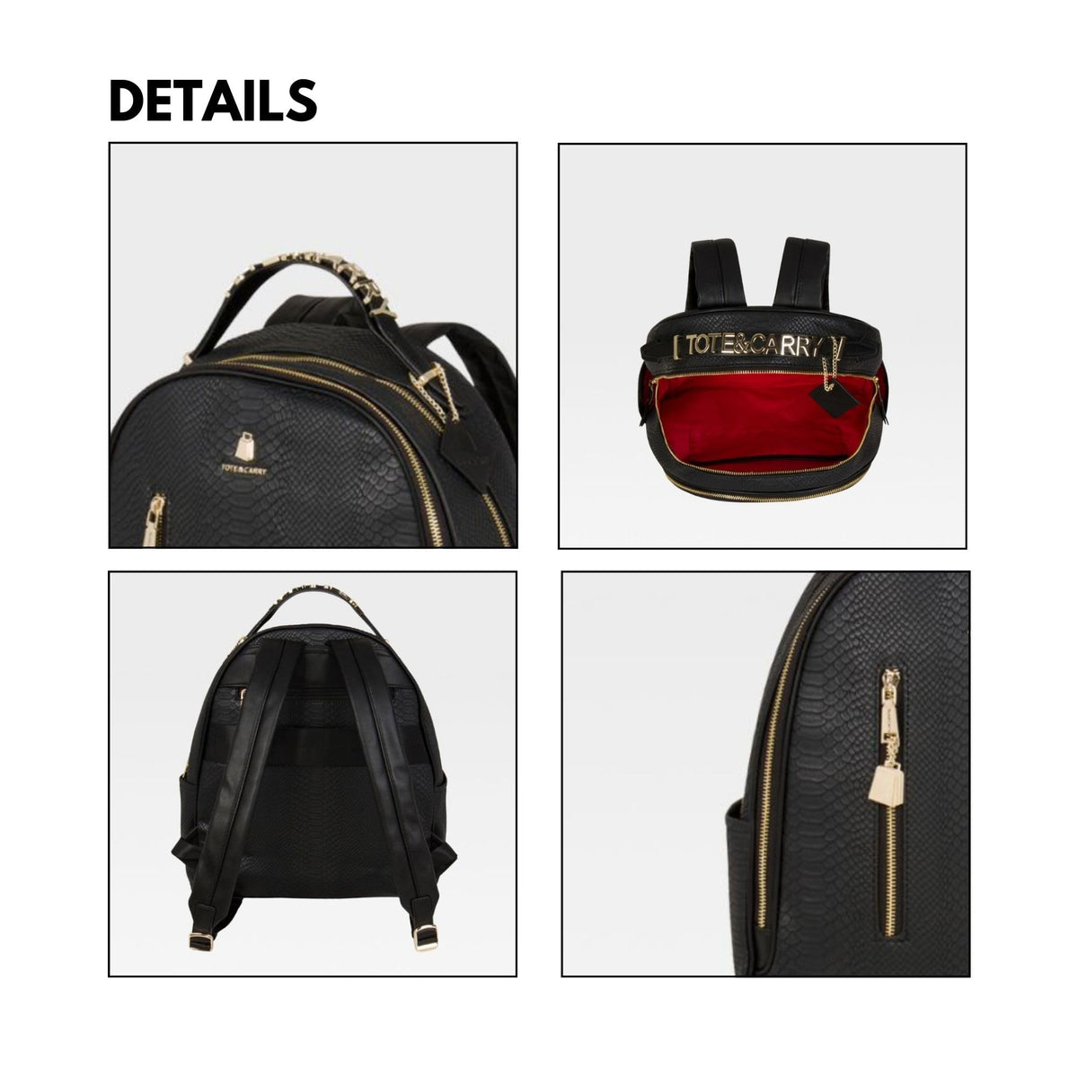 Tote&Carry Apollo BFF Backpack for Women, Vegan Leather, Water-Resistant, Carry-On Luggage for Travel, Work & Daily Use (Snake Skin, Black)