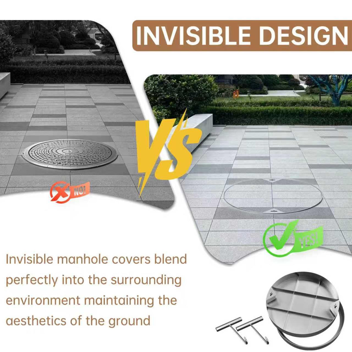 24 inch Stainless Steel Invisible Manhole Cover, Round Embedded Septic Tank Cover with Frame and Lifting Hooks, for Yard/Pavement