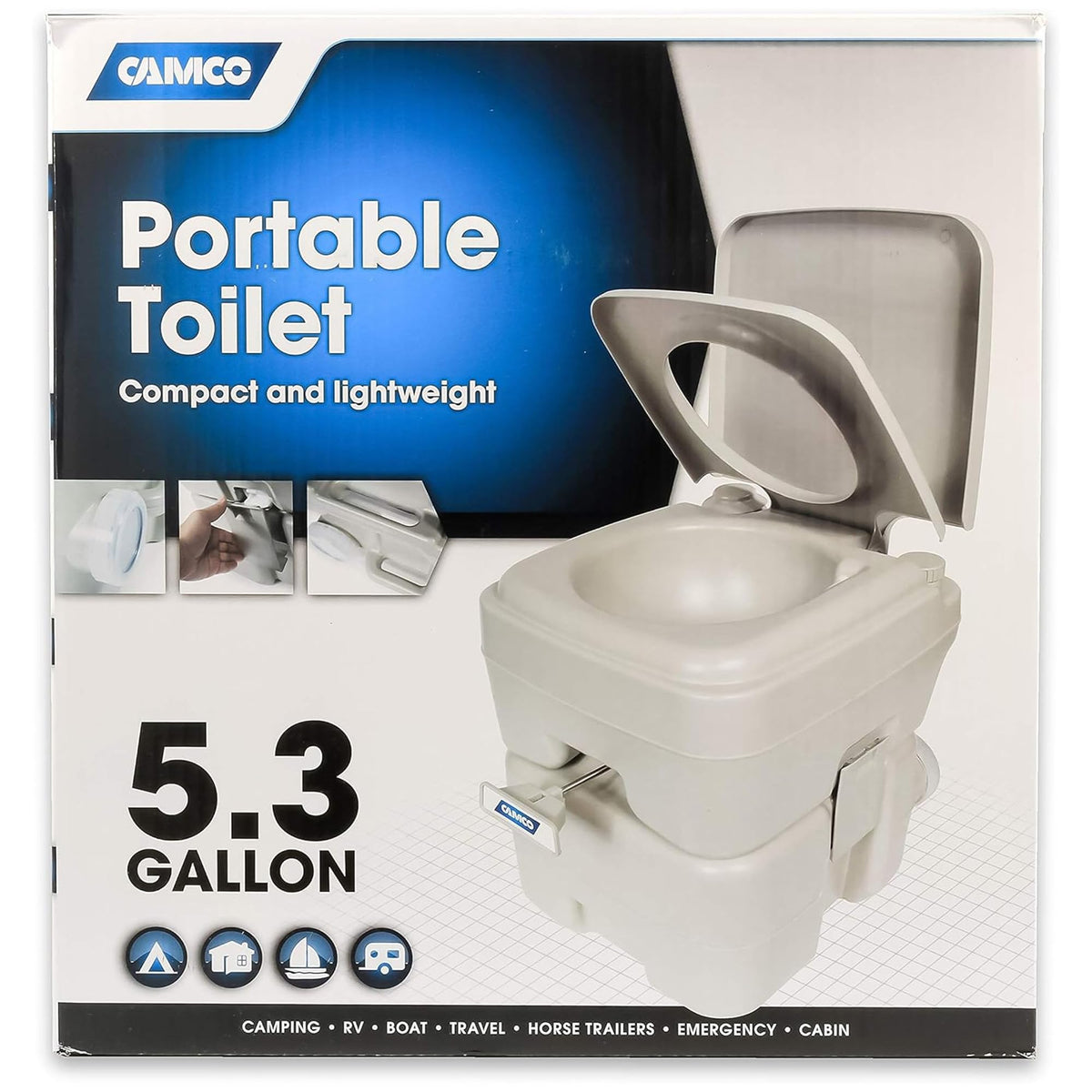 Camco 5.3-Gallon Portable Toilet - Features Detachable Holding Tank w/Sealing Slide Valve & Bellow-Type Flush - Easy Transport w/Compact Lightweight Design & Carry Handle - Gray (41541)