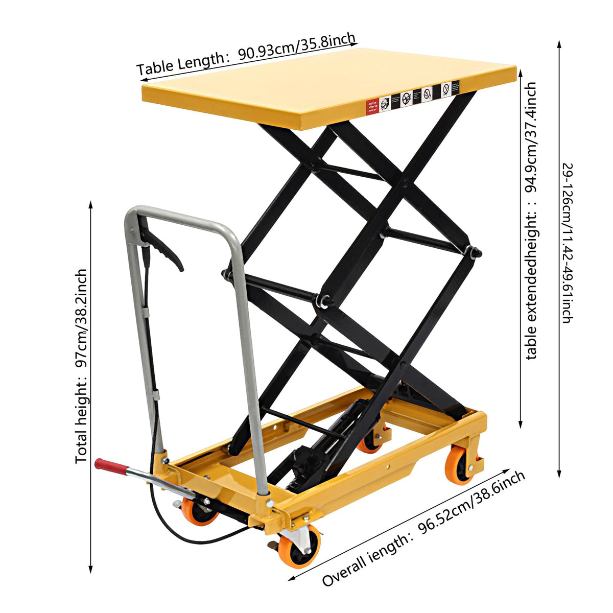 HIFMGHE Hydraulic Lift Table Cart 770lbs, 51" Lifting Height Hydraulic Lift Table, Double Scissor Pallet Truck with 4 Locking Wheels for Material Handling and Transportation