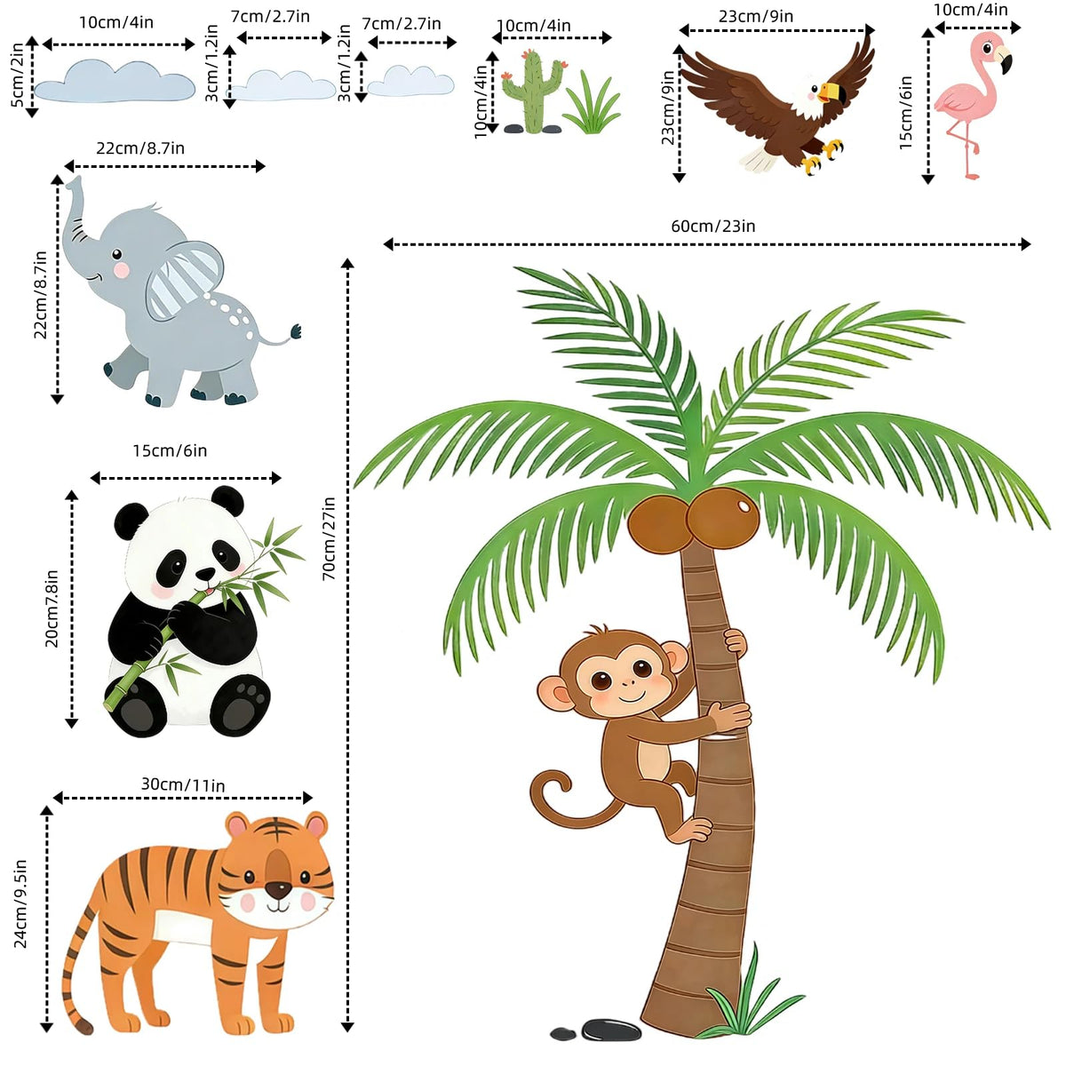 Jungle Tree Animal Wall Decals with Eagle Monkey Tiger Panda Elephant, Peel and Stick Safari Wall Stickers for Baby Nursery, Kids Bedroom and Playroom Decor