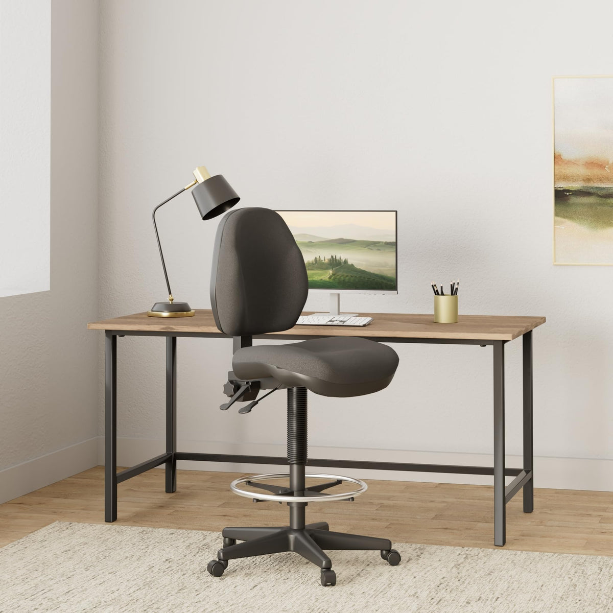 Office Star DC Series Deluxe Ergonomic Adjustable Padded Drafting Chair with 18.5 Inch Chromed Footring and Dual Wheel Carpet Casters, Icon Black Fabric