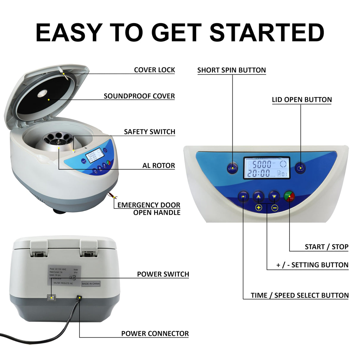Jackson Global JS-TC-SPINPLUS-8 Digital Bench-top Centrifuge | 500-5000rpm (Max. 3074xg) | LCD Display | Includes 15ML X 8 Rotor